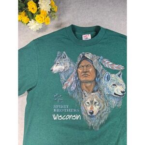 Vintage 90s Spirit Brothers Wisconsin Native American Wolf T-Shirt Green  Mens L